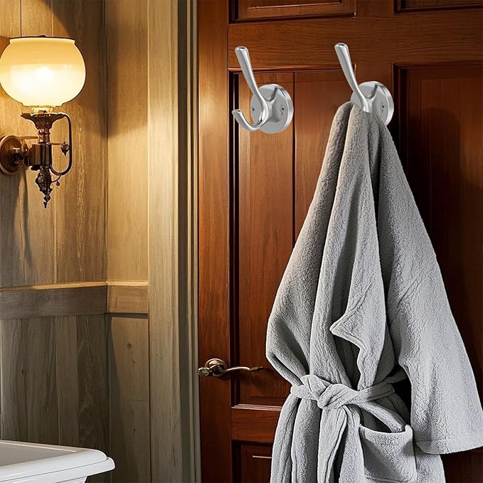 Brushed Nickel Wall Hooks Towel Hooks, 2 Pack Coat Robe Hook Heavy Duty Bathroom Double Hook Wall Mounted, Hand Towel Hooks for Closet Entryway Cubicle Kitchen