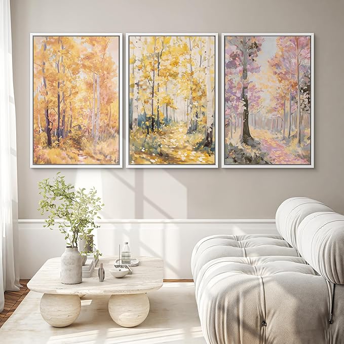 SIGNWIN Framed Canvas Print Wall Art Set Golden Autumn Forest Path Impressionist Landscape Illustrations Modern Art Decorative Chic Calm for Living Room, Bedroom, Office - 24"x36"x3 White