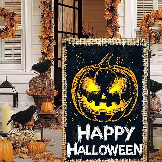 Halloween Garden Flag Burlap Style 12x18 Inch Happy Halloween Pumpkin Banner Vintage Jack O Lantern Yard Flag Double Sided Rustic Fall Outdoor Decor Spooky Porch Lawn Holiday Welcome Sign