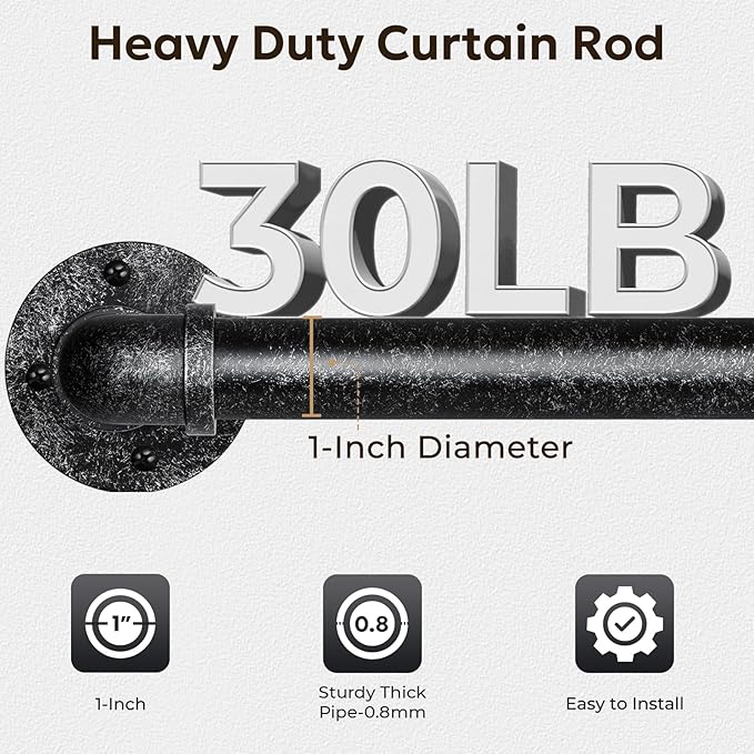 Zeerobee Curtain Rods for Windows 48 to 84, 1 Inch Industrial Wrap Around Vintage Black Curtain Rod, Indoor/Outdoor Room Divider Adjustable Drapery Pole, 48"-86"