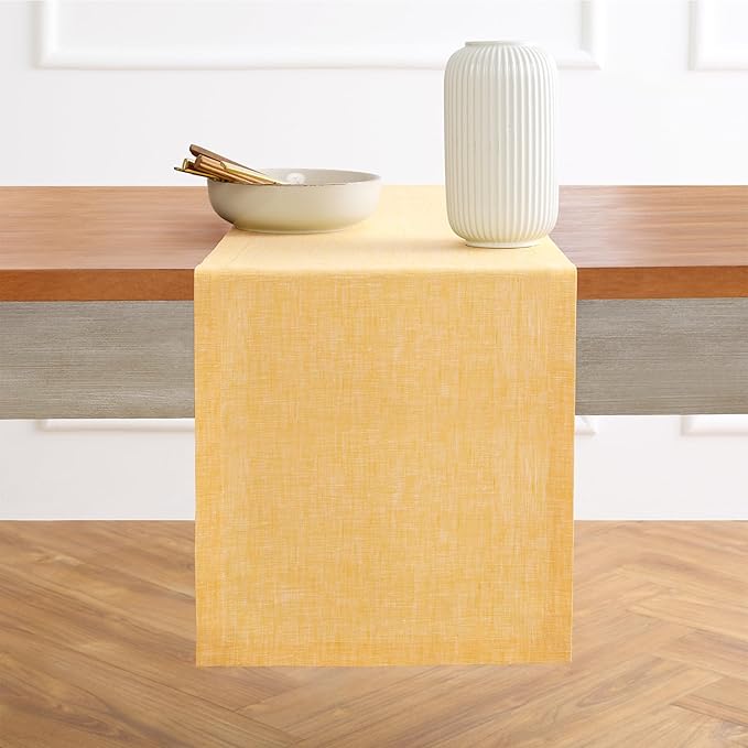 Solino Home Linen Table Runner 120 Inches Long - Athena, 100% Pure Linen Chambray Mustard Yellow Table Runner 14 x 120 Inch for Dining, Spring, Easter