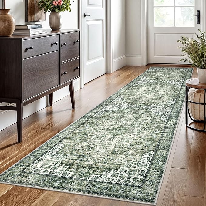 2.6x10 Washable Rug for Entryway, Green Soft Printed Area Rug, Non-Slip Kitchen Rugs, Low-Pile Medallion Indoor Door Mat, Small Farmhouse Carpet for Entrance Kitchen Foyer Bedside