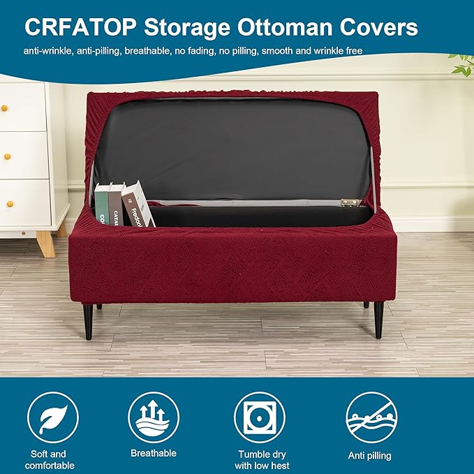 CRFATOP Jacquard Ottoman Stool Cover Stretch Folding Storage Footstool Bench Slipcovers Upholstered Foot Chest Chair Covers Washable Entryway Furniture Protector with Elastic Bands,M,Burgundy