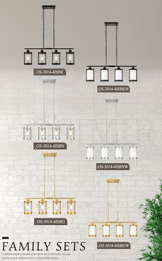 4-Light Kitchen Island Lighting, Black Linear Dining Room Light Fixtures with Frosted Glass and Chain, Modern Farmhouse Chandelier Pendant Light for Kitchen Island Dining Room, OS-3014-4ISBKW
