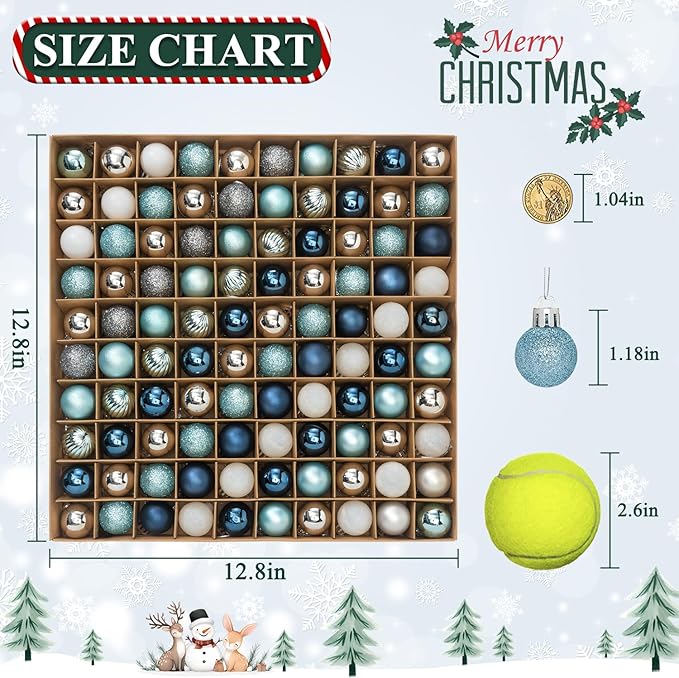 100 Pcs Mini Christmas Ball Ornaments Set, 1.18'' Silver and Blue Small Shatterproof Xmas Tree Ornament Hanging Ball Bulk Decorations for Holiday Party, Wreath, Garland, Winter Decor