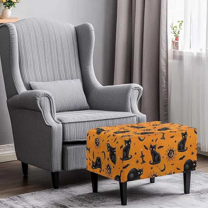 Rectangle Ottoman Cover Black Cat Stretch Ottoman Slipcover Removable Washable Folding Storage Footstool Protector with Elastic Bottom for Halloween Living Room Decor