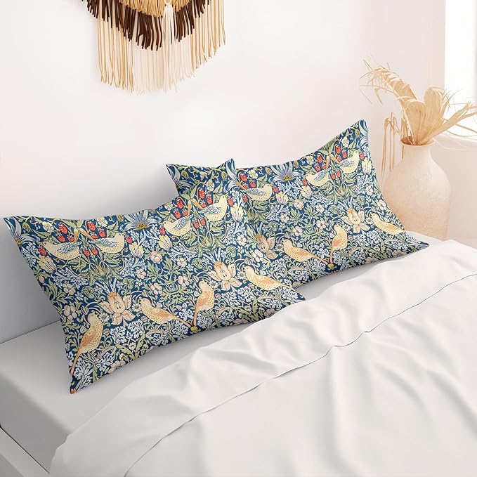 William Morris Pillow Protectors with Zipper Standard Size Red Strawberry Birds Print Pillow Covers Set of 2 Vintage Floral Botanical Pillow Cases Mid Century Modern Bed Pillow Covers 20"x30"