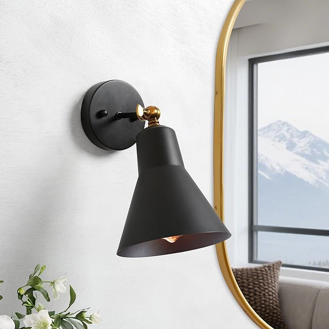 LALUZ Black Wall Sconce with Swing Arm, Adjustable Modern Farmhouse Wall Light with Gold Accent for Bedroom, Kitchen, Bathroom, Bedside Reading