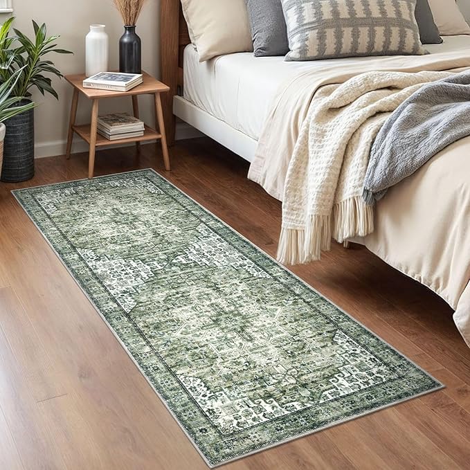 2x5 Runner for Hallways, Green Non-Slip Washable Kitchen Runners, Vintage Boho Runner Printed Rug with Non-Shedding, Soft Medallion Floor Carpet Rugs for Laundry Bedroom Entryway