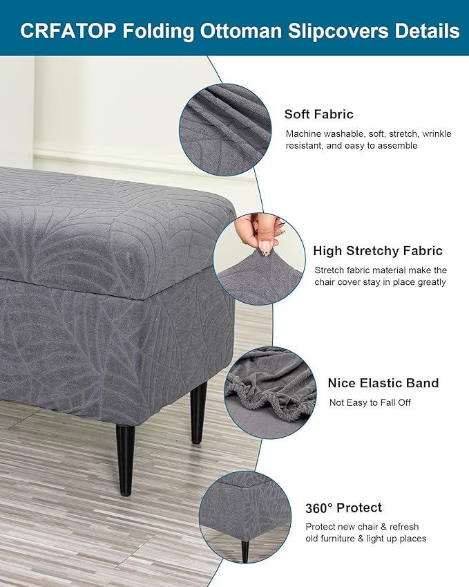 CRFATOP Waterproof Jacquard Ottoman Stool Cover Stretch Folding Storage Footstool Bench Slipcovers Upholstered Foot Chest Chair Covers Washable Entryway Furniture Protector,M,Dark Grey