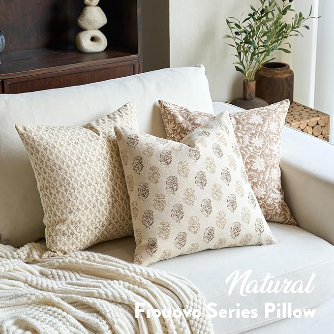 Floral Vintage Throw Pillow Covers 18x18 Pillow Cover Block Print Decorative Cushion Covers Farmhouse Neutral Accent Home Décor for Sofa Couch Living Room Bedroom, 1PC, Cognac Brown