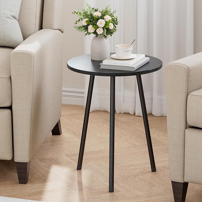 15.7" Round Side Table, Small End Table for Living Room & Bedroom, Wood Grain Accent Table with Sturdy Metal Legs, Easy Tool-Free Assembly, Nightstand for Small Spaces, Black