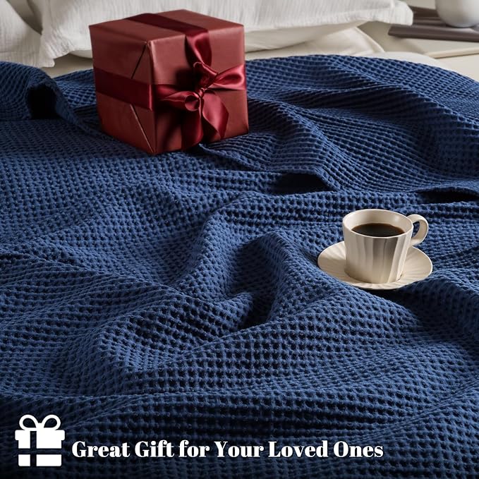 PHF 100% Cotton Waffle Weave Blanket King Size for Bed,Snag Proof Lightweight Breathable Throw for Couch,Great for Layering in Cold Weather,Machine Washable,Home Decor Gift-Navy Blue/Bright Blue