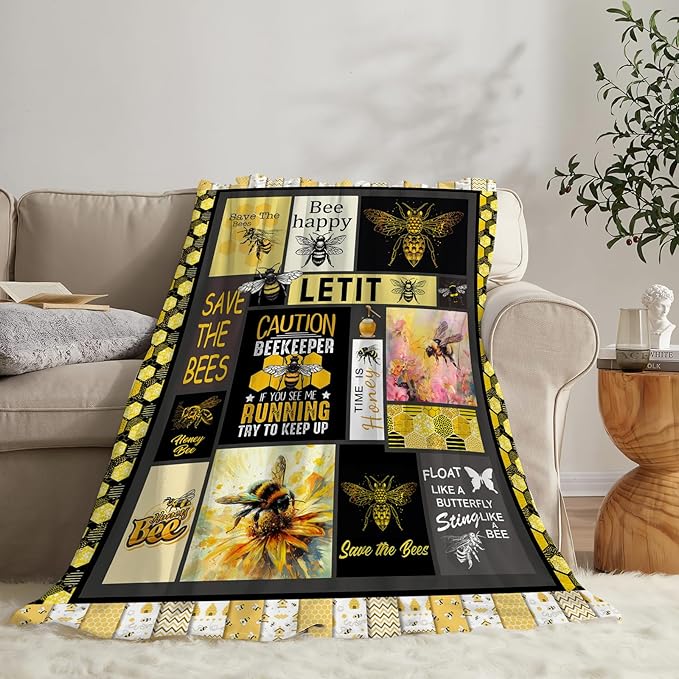 Bee Blanket Honey Bees Throw Blankets Plush Cozy Flannel Fleece Ultra Soft Fuzzy Party Blanket Gifts for Girls Women Men Boys Kids Bed 80"X60"