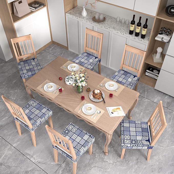 Stretch Dining Chair Seat Covers Set of 6,Dining Chair Slipcovers, Floral Printed Chair Covers,Soft Fabric Washable Upholstered Chair Seat Protector, No Rear Covers for Home Kitchen Dining Room