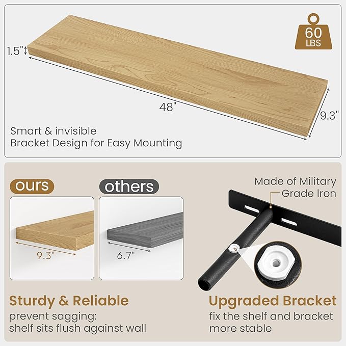 Fun Memories 48 Inch Floating Shelves, 9.3 Inch Deep Wall Shelves for Bathroom, Living Room, Bedroom, Kitchen, Deep Long Shelf Wall Mounted 1 Pack Shelf for Books, Decor, Oak