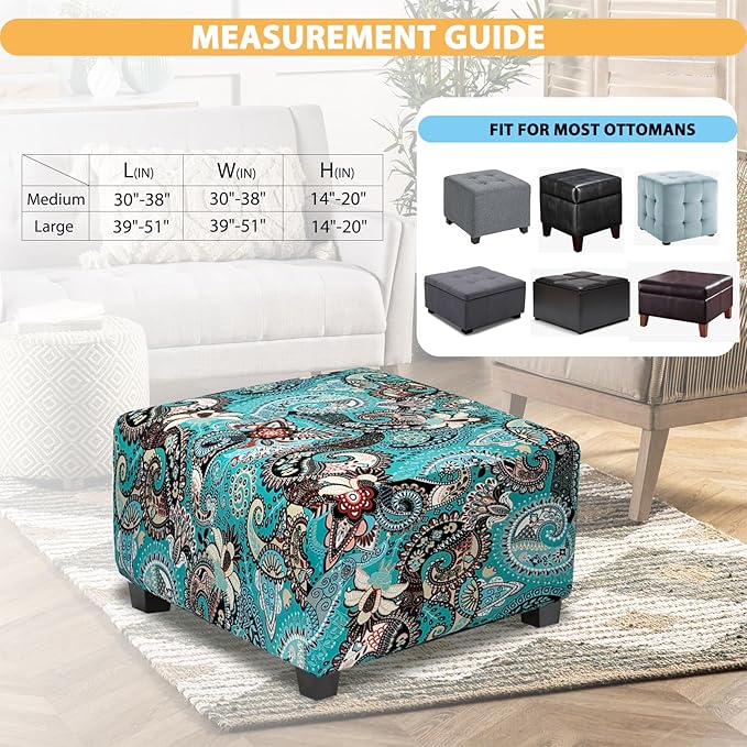 Ottoman Cover Square Slipcovers Printed,Stretch Footrest Stool Cover for Ottoman Square,Soft Foot Stool Cover Protector with Nonslip Elastic Bottom(Medium,Peacock Blue)