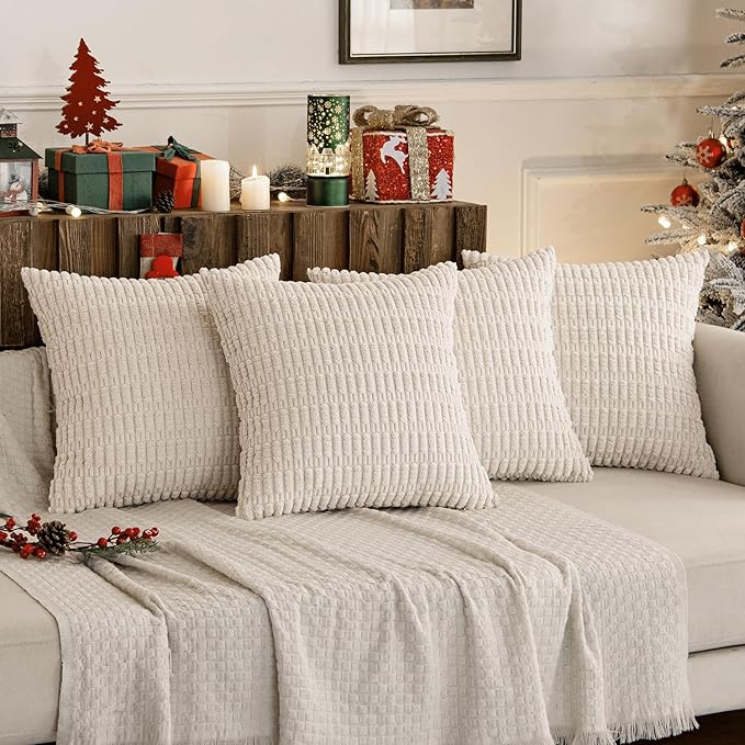 MIULEE Pack of 4 Cream White Corduroy Christmas Decorative Throw Pillow Covers 18x18 Inch Soft Boho Striped Pillow Covers Modern Farmhouse Home Decor for Sofa Living Room Couch Bed