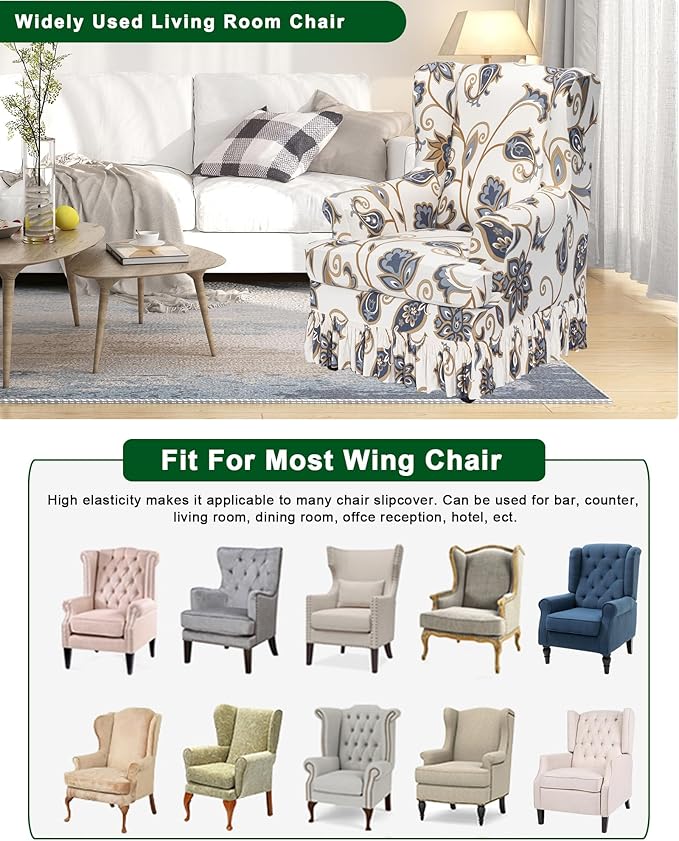 CRFATOP 2 Piece Stretch Wingback Chair Cover with Skirt Printed Wing Chair Slipcovers Spandex Fabric Wingback Armchair Covers with Cushion Slipcover for Living Room Bedroom Wingback Chair,C11