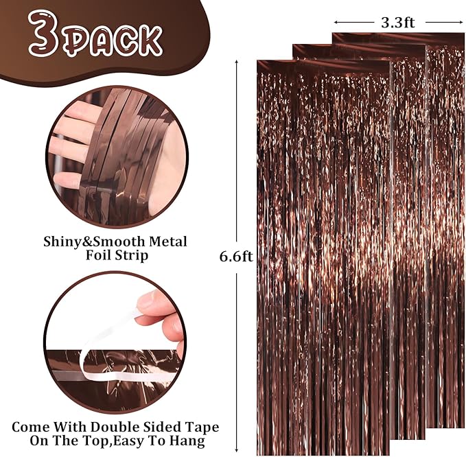 3.3 x 6.6 ft Foil Fringe Backdrop Curtains, Tinsel Streamers Party Decorations, Fringe Backdrop for Birthday, Baby Shower, Gender Reveal, Graduation (3, Brown)