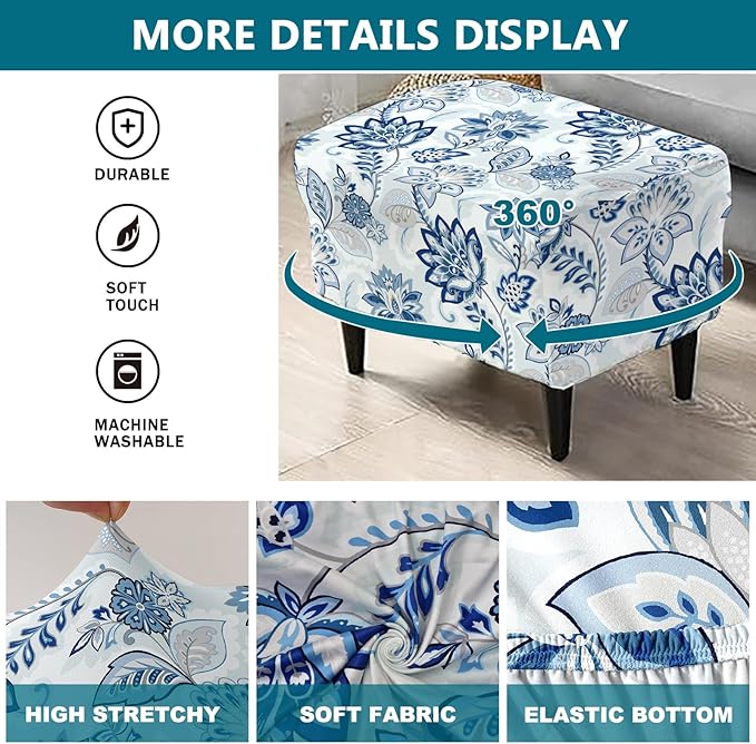 KRFOONN Stretch Ottoman Cover Slipcovers Rectangle Fit Length 39"-47" Footrest Stool Covers Printed Ottoman Cover for Foot Stool Furniture Protector with Non Slip Elastic Bottom, Color 25