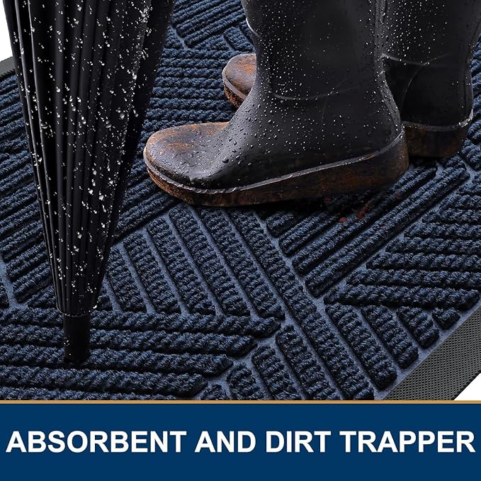 Smiry Front Door Mat Outside Entrance, Heavy Duty Sturdy Natural Rubber Doormat, Trap Dirt and Moisture, Easy Clean Low Profile Mats for Indoor Outdoor Entry, Irregular Triangle (29.5x17, Navy Blue)