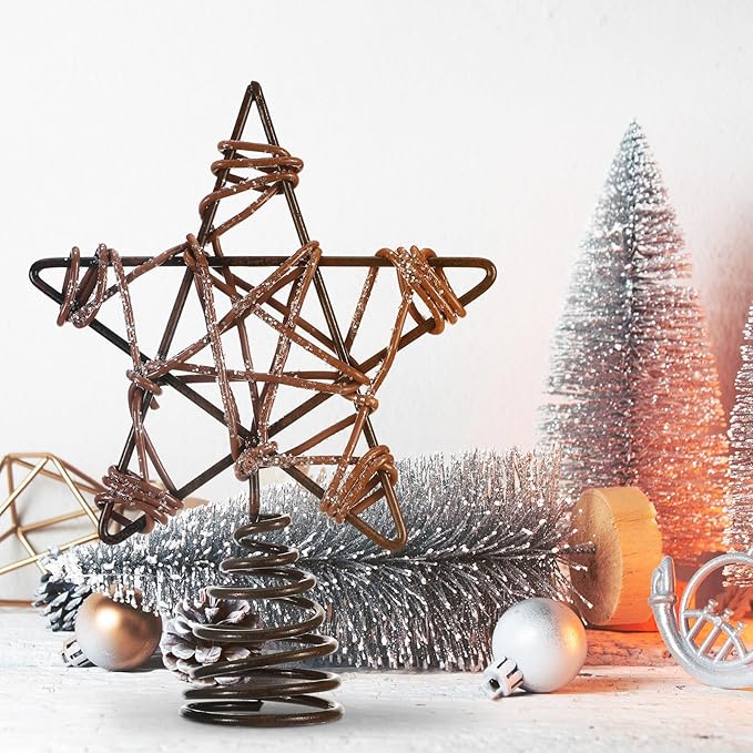 Lenwen Mini Christmas Star Tree Topper Wire Star Treetop Christmas Ornaments Decorative Metal Tree Topper for Home Office Xmas New Year Holiday Decoration(Golden)
