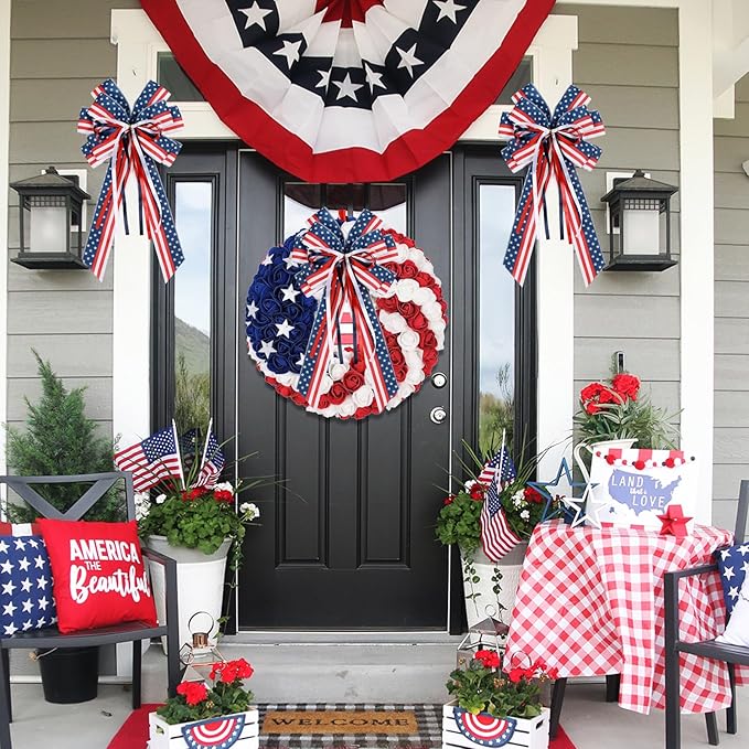 2 Pcs Patriotic Bows for Wreaths Decorations,Red White Blue Stripe String Stars Tree Topper Bow for 4th of July,Independence Day,Memorial Day,Veteran's Day,USA,American Front Door Indoor Outdoor Decor