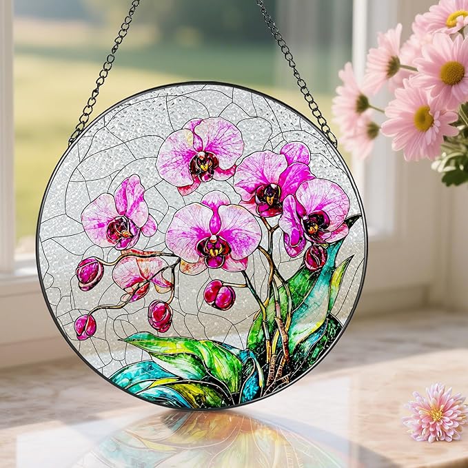 8-Inch Stained Glass Ornament, Stained Glass Window Hanging, Window Hanging Decor Suncatcher, Orchid Flower Ornament | Christmas, Mother's Day, Birthday | Gifts for Mom & Grandma, Flower Lover Gift