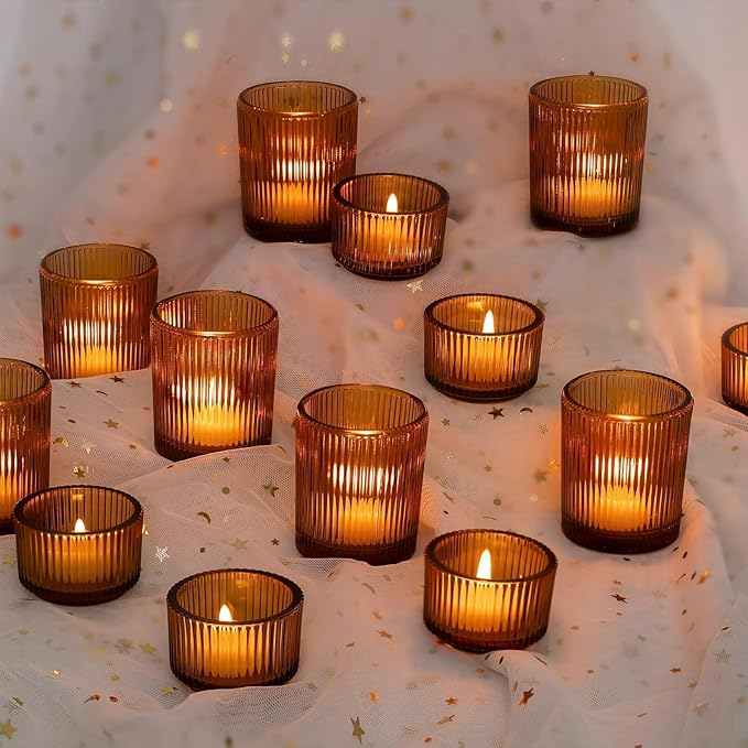 Hewory Glass Tealight Candle Holder: 24 Pcs Amber Votive Candle Holders Tea Lights Candle Holder, Ribbed Tea Light Holders Fall Decorations for Thanksgiving Table Centerpiece Wedding Party Home Decor