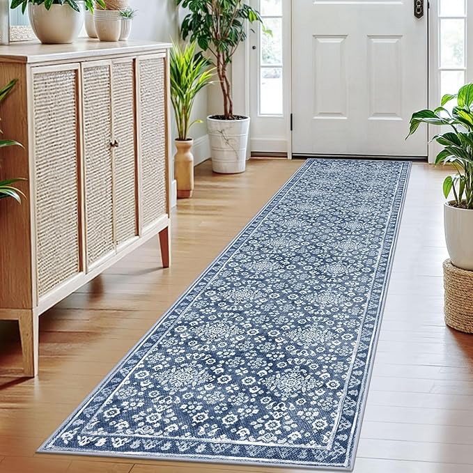 Vintage Washable 2x8 Runner Rug Non Slip, Denim Blue White Hallway Runner Rug, Super Soft Kitchen Runner Rug, Printed Faux Wool Thin Carpet Runner for Entryway Indoor Laundry Room Bedroom