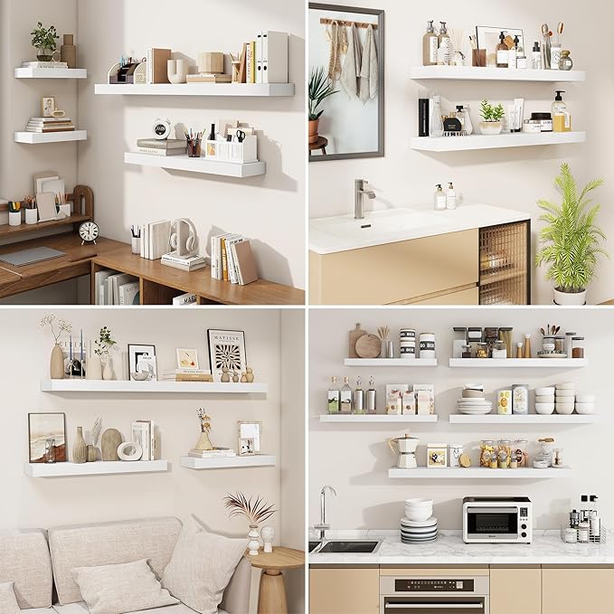 fuqing Floating Shelves for Wall, Wall Mounted Wood Floating Shelf with Invisible Brackets for Living Room, Bathroom, Bedroom, Kitchen Storage and Decor,6.5 Inch Set of 3, White