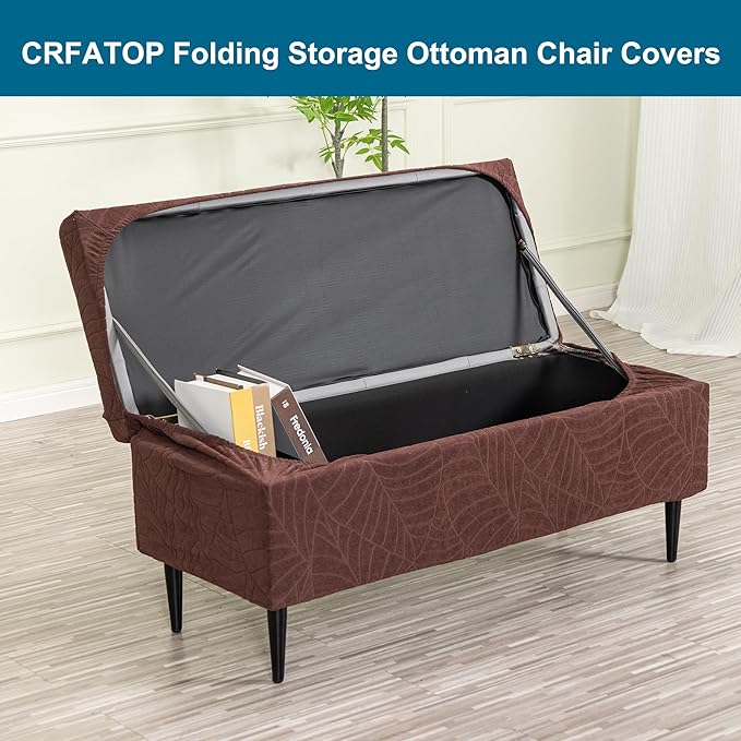 CRFATOP Waterproof Jacquard Ottoman Stool Cover Stretch Folding Storage Footstool Bench Slipcovers Upholstered Foot Chest Chair Covers Washable Entryway Furniture Protector with Elastic Bands,L,Coffee