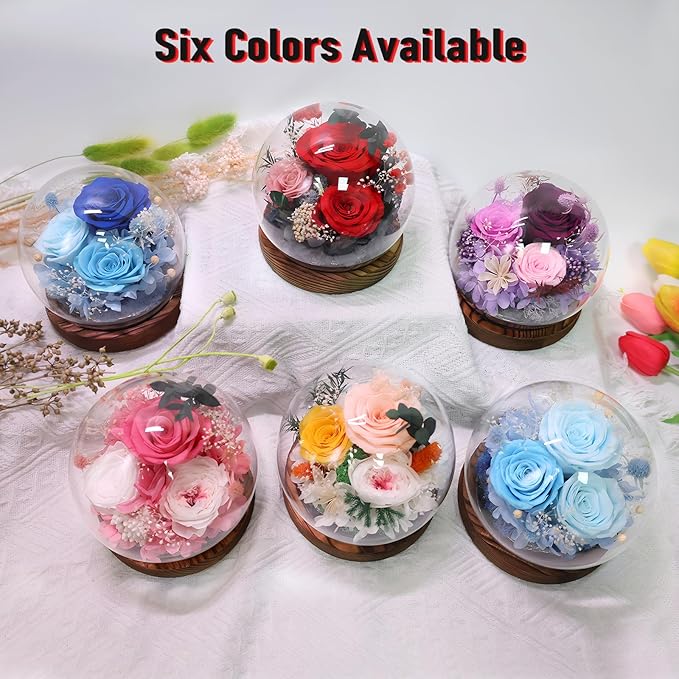 FIACO Valentines Gifts for Her Preserved Flowers in Glass Dome Long-Lasting Eternal Roses Birthday Gifts for Women Mom Grandma Wife Girlfriend Red Forever Flowers for Delivery Prime
