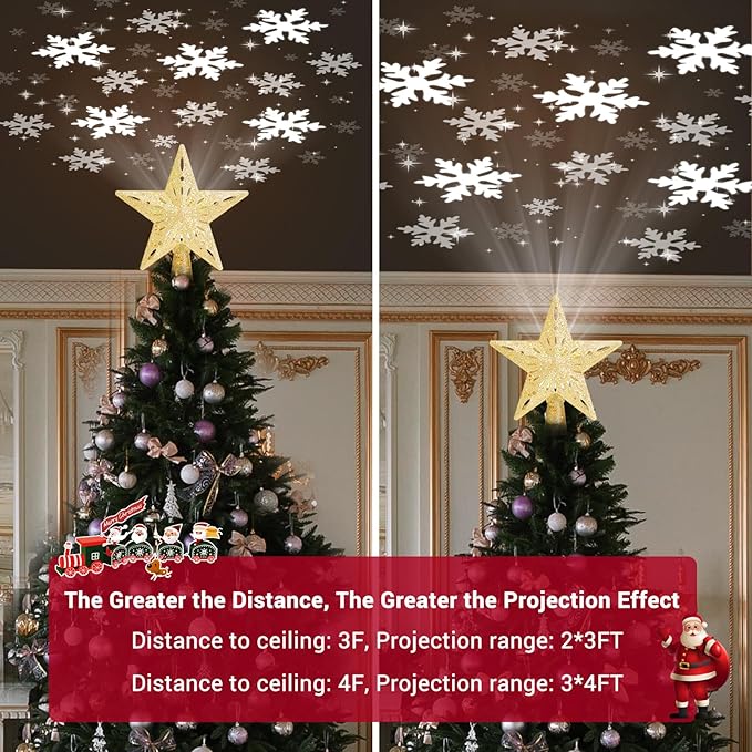 Christmas Tree Topper Lighted with 6 Pattern Projection Modes, Christmas Star Tree Topper Built-in LED Rotating Lights, Gold 3D Glitter Dynamic Projector for Christmas Decorations