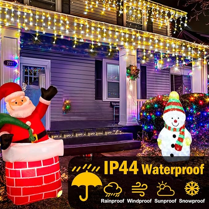 Christmas Lights Outdoor, 2 Pack Total 98FT 960 LED Ice Lights for Outside with 180 Drops 8 Modes Timer Memory, Plug in Waterproof for Holiday Eaves Yard Roof Party Decor (Cool White and Warm White)