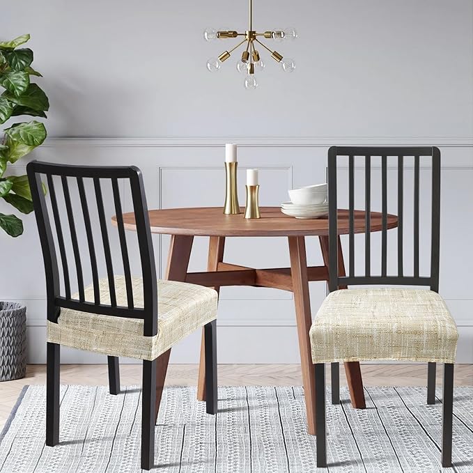 SearchI Stretch Dining Chair Seat Covers Set of 4, Stretch Washable Chair Covers for Dining Chairs, Kitchen Chair Covers Protector (Rear-Covered, Beige White Stripe)