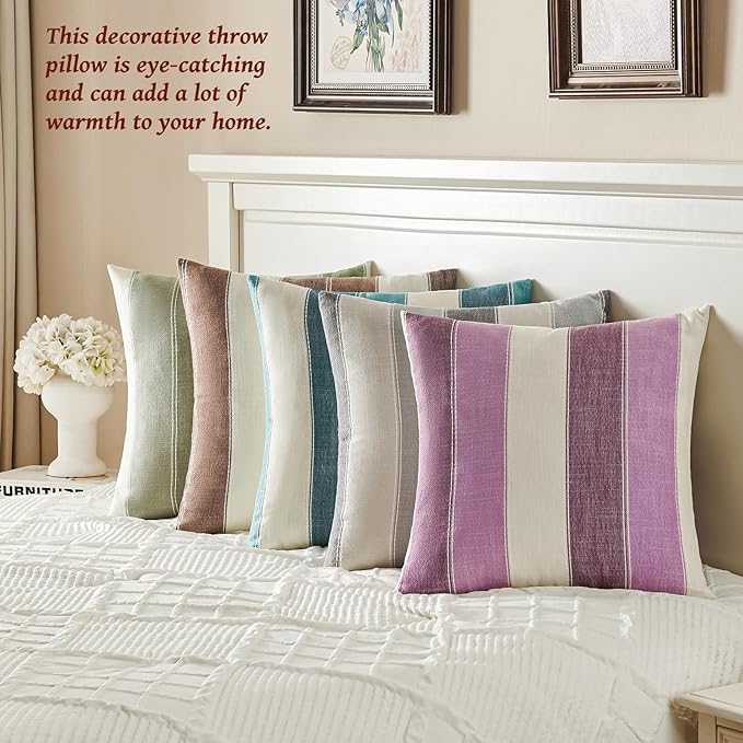 AmHoo Pack of 2 Farmhouse Stripe Check Throw Pillow Covers Set Case Cotton Linen Decorative Pillowcases Cushion Cover for Couch Bench Sofa 22x22 Inch Sage Green