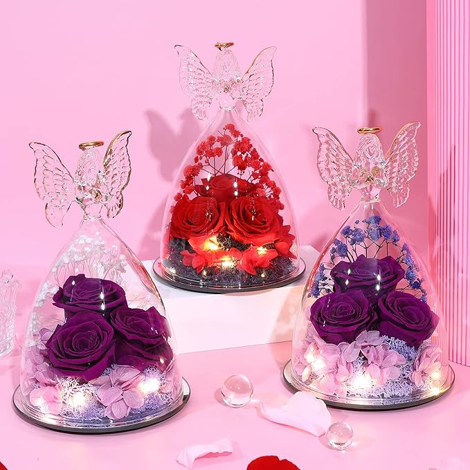 Christmas Rose Gifts for Women Preserved Real Flower in Glass Angel Figurines Roses for Delivery Prime Birthday Gifts for Mom Grandma Girlfriend Wife Her - Red