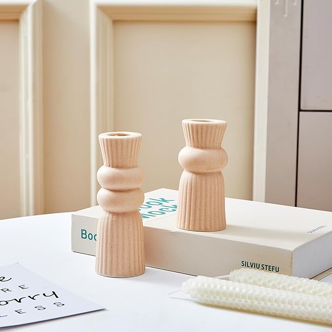 Denique Ceramic Candle Holders Set of 2, Creative Modern Knot Candlestick Holder Set, Table Centerpiece Taper Candle Holders Desktop Decoration for Home Decor, Wedding, Dinning, Party (Beige)