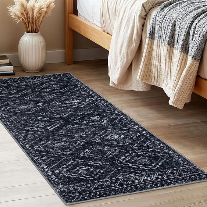 KILOCOCO Boho Kitchen Runner Rug 2x5 Washable Runner Rug, Soft Runners for Hallways Non Slip Printed Distressed Laundry Room Rug, Low-Pile Rug for Entryway/Bedroom/Living Room, Black/Navy