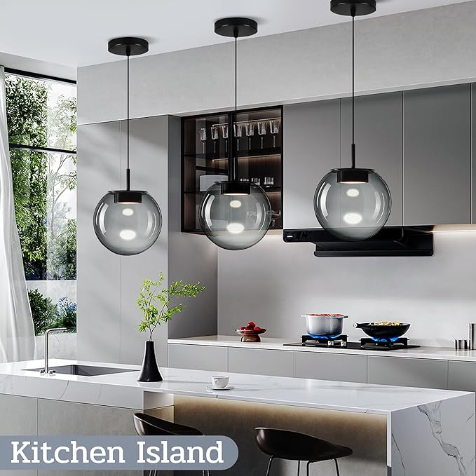 Modern 3CCT Smoke Glass Pendant Light for Kitchen Island with 3.9 FT Adjustable Cord, Modern Minimalist Pendant Lighting Fixtures for Kitchen, Dining Room, Living Room (7.9in, 3-Pack)