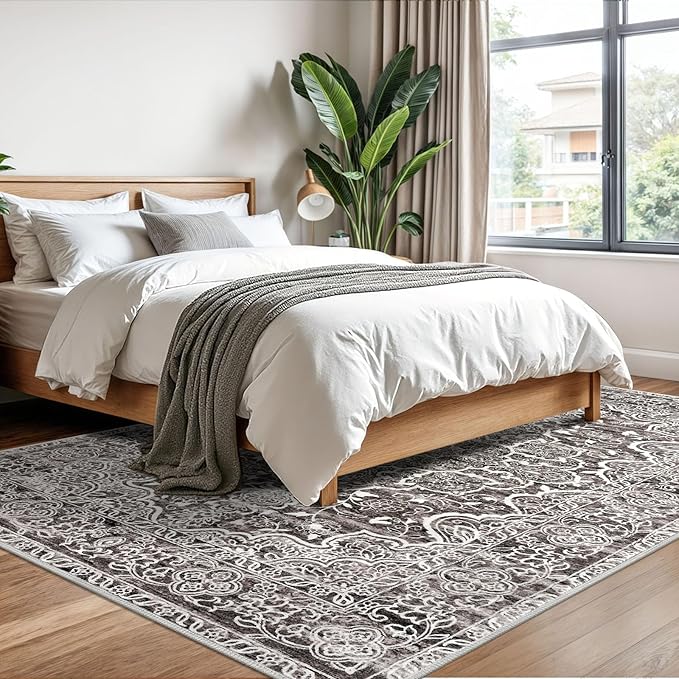 KUTA Living Room Rug 6x9 Tan, Washable Large Area Rugs 6ft x 9ft, Non-Slip Boho Printed Vintage Dining Room Carpet, Indoor Low-Pile Cozy Room Throw for Office Bedroom