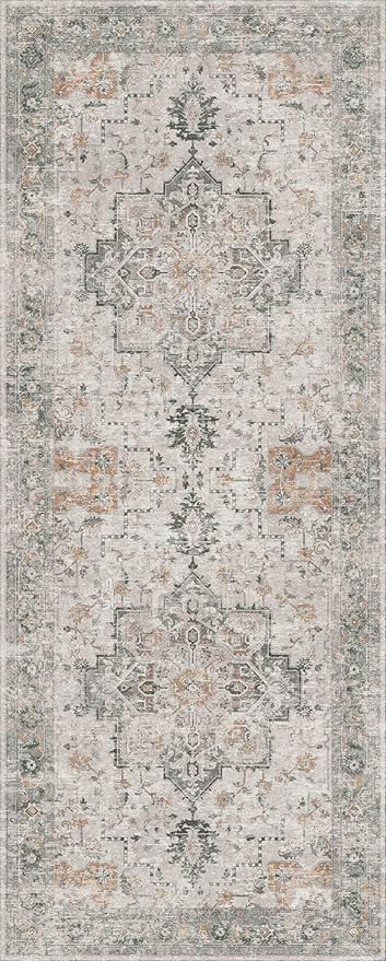 GENIMO 3x14 Runner Rugs for Hallway, Machine Washable Non Slip Vintage Rugs, Low Pile Soft Chenille Print Rug for enrtyway, Corridor, Home Office,Light Taupe Brown
