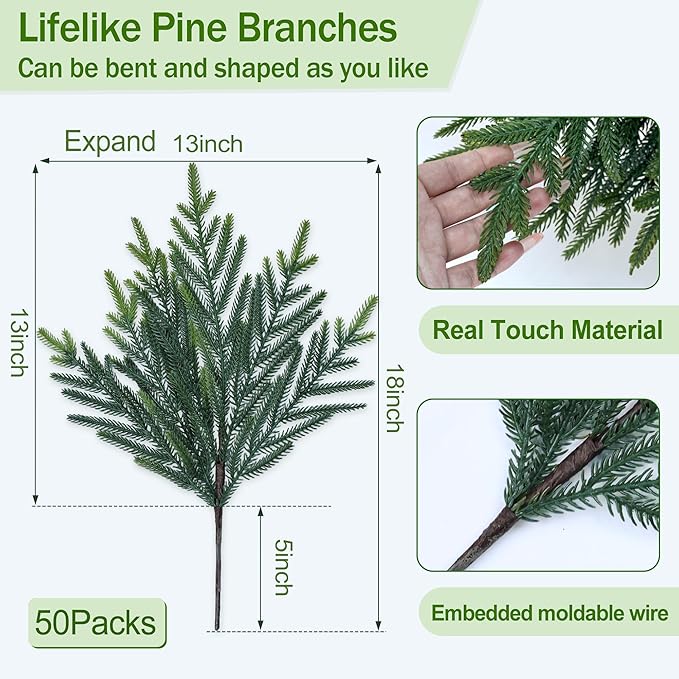 50 Pcs Christmas Greenery Pines Branch Pine Branches Artificial Green Pine Stem - Real Touch for Vase DIY Crafts Flower Arrangement Home Indoor Christmas Decor(18 Inch)