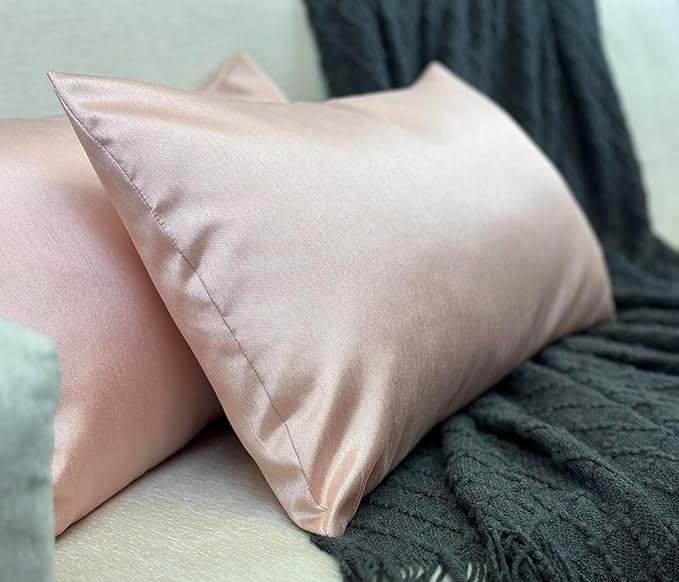 Aiking Home 12x24 Inches Faux Silk Rectangular Throw Pillow Cover, Zipper Closure, Rose Pink (Set of 2)