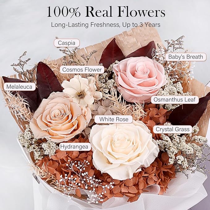 Preserved Bouquet of Flowers - Forever Flowers for Delivery, Real Eternal Roses for Her Mother Mom Grandma Wife Anniversary Birthday Gifts for Women, Champagne