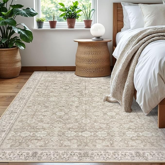 5x7 Area Rug for Bedroom, Cream Beige White Grey Large Vintage Neutral Rug with Non-Slip, Non-Shedding Washable Area Rugs for Living Room, Soft Distressed Floral Carpet for Office Home Décor