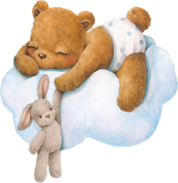 Blue Bear Wall Decals, Baby Boy Room Rabbit Wall Decor, Animal Stickers for Kids Playroom, Toddler Bedroom and Nursery Decoration, Removable Vinyl Decals, Peel and Stick, Moon, Stars.