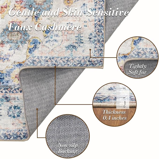 Area Rug 8×10, Large Vintage Boho Rug,Ultra-Soft Low Pile, Washable, Non Slip,Stain Resistant, Printed Carpet for Living Room Bedrooms Playroom Office Kitchen, Blue/Red